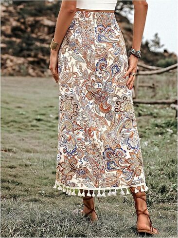 تنورة Verdusa النسائية ذات طباعة بيزلي ملفوفة بشراشيب بوهو عالية الخصر تنانير طويلة متماثلة غربية in Kuwait
