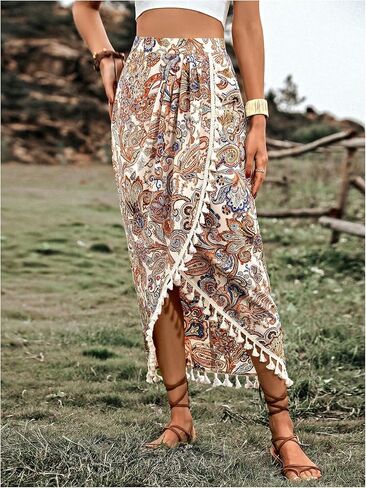 تنورة Verdusa النسائية ذات طباعة بيزلي ملفوفة بشراشيب بوهو عالية الخصر تنانير طويلة متماثلة غربية in Kuwait