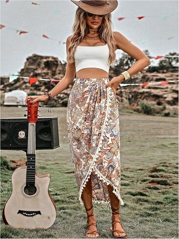 تنورة Verdusa النسائية ذات طباعة بيزلي ملفوفة بشراشيب بوهو عالية الخصر تنانير طويلة متماثلة غربية in Kuwait