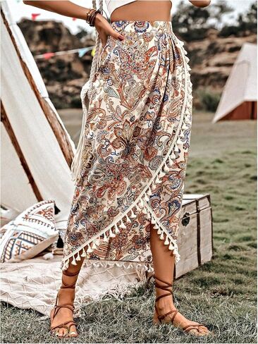 تنورة Verdusa النسائية ذات طباعة بيزلي ملفوفة بشراشيب بوهو عالية الخصر تنانير طويلة متماثلة غربية in Kuwait