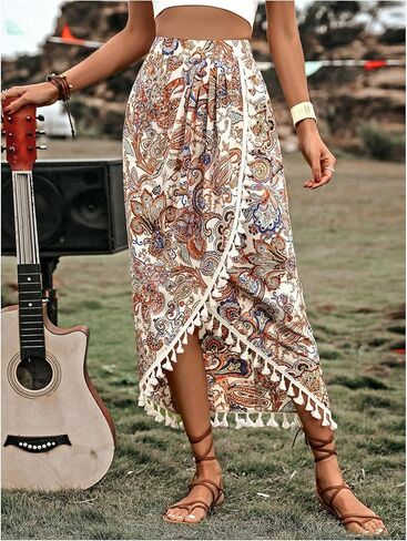 تنورة Verdusa النسائية ذات طباعة بيزلي ملفوفة بشراشيب بوهو عالية الخصر تنانير طويلة متماثلة غربية in Kuwait