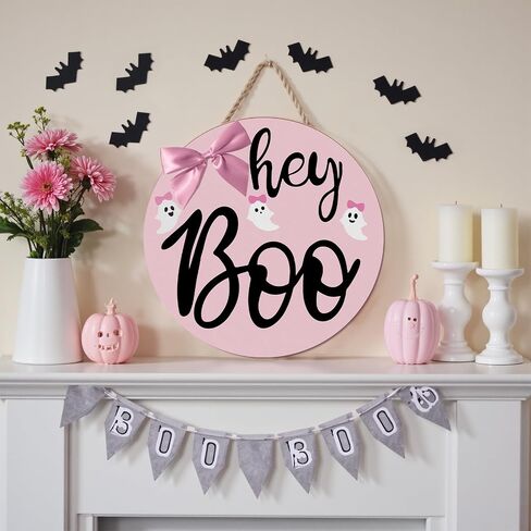 Pink Halloween Decor - Halloween Door Hanging Boo Sign Wreath Decorations, Cute Hey Boo Wooden Wreath with 3 White Ghosts Decor, Indoor Outdoor Door Hanger for Home Wall Front Porch Party Supplies in Saudi Arabia