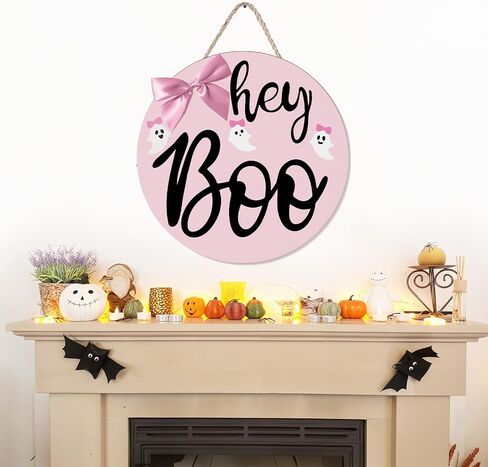 Pink Halloween Decor - Halloween Door Hanging Boo Sign Wreath Decorations, Cute Hey Boo Wooden Wreath with 3 White Ghosts Decor, Indoor Outdoor Door Hanger for Home Wall Front Porch Party Supplies in Saudi Arabia