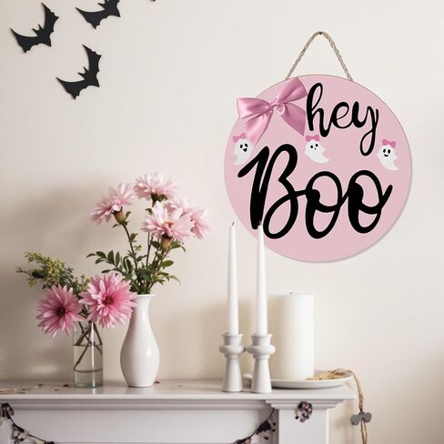 Pink Halloween Decor - Halloween Door Hanging Boo Sign Wreath Decorations, Cute Hey Boo Wooden Wreath with 3 White Ghosts Decor, Indoor Outdoor Door Hanger for Home Wall Front Porch Party Supplies in Saudi Arabia