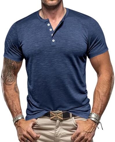 Mens Henley Shirts Short Sleeve Casual T Shirt Gym Workout Athletic Shirt Tees with Button in Saudi Arabia