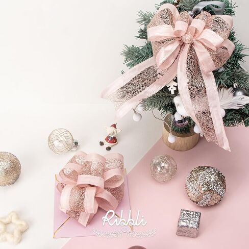 Ribbli Rose Gold Wired Ribbon Dusty Pink Satin with Rose Gold Glitter Mesh 2.5 Inch Christmas Ribbon for Tree Gift Wrapping Wreaths Garland Topper Bows Crafts Home Decor -10 Yards in Kuwait