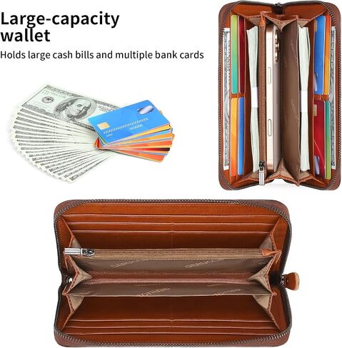 محفظة رجالية من الجلد الطبيعي بسحاب مع خاصية حجب RFID، وجيب للهاتف، ومحفظة طويلة بسحاب (بني) in Kuwait