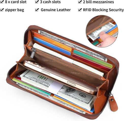 محفظة رجالية من الجلد الطبيعي بسحاب مع خاصية حجب RFID، وجيب للهاتف، ومحفظة طويلة بسحاب (بني) in Kuwait