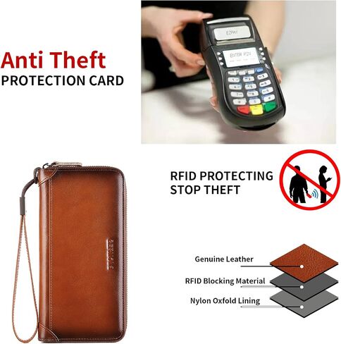محفظة رجالية من الجلد الطبيعي بسحاب مع خاصية حجب RFID، وجيب للهاتف، ومحفظة طويلة بسحاب (بني) in Kuwait