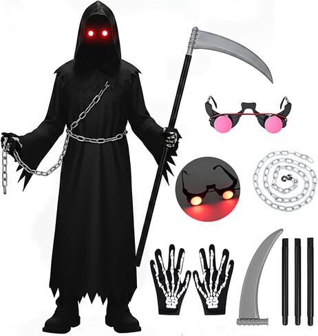 Xtinmee Grim Reaper Costume Scary Halloween Costume for Adult with Glowing Eyes Scythe Skull Gloves Grim Reaper Chain for Halloween Cosplay Gift in Saudi Arabia
