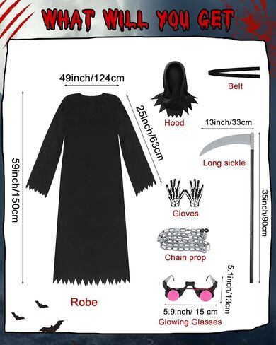 Xtinmee Grim Reaper Costume Scary Halloween Costume for Adult with Glowing Eyes Scythe Skull Gloves Grim Reaper Chain for Halloween Cosplay Gift in Saudi Arabia
