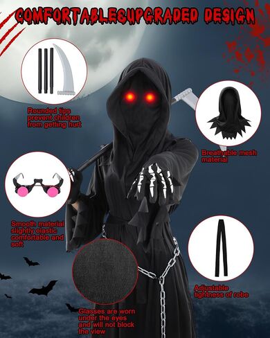 Xtinmee Grim Reaper Costume Scary Halloween Costume for Adult with Glowing Eyes Scythe Skull Gloves Grim Reaper Chain for Halloween Cosplay Gift in Saudi Arabia