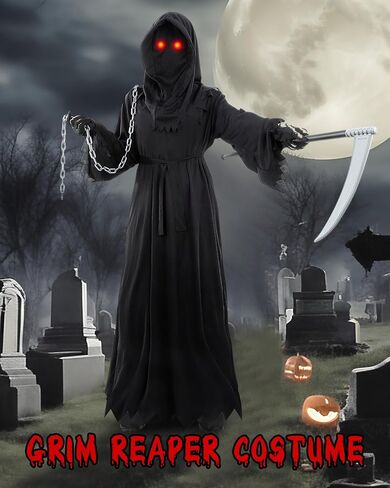 Xtinmee Grim Reaper Costume Scary Halloween Costume for Adult with Glowing Eyes Scythe Skull Gloves Grim Reaper Chain for Halloween Cosplay Gift in Saudi Arabia