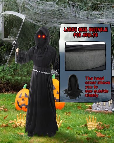 Xtinmee Grim Reaper Costume Scary Halloween Costume for Adult with Glowing Eyes Scythe Skull Gloves Grim Reaper Chain for Halloween Cosplay Gift in Saudi Arabia