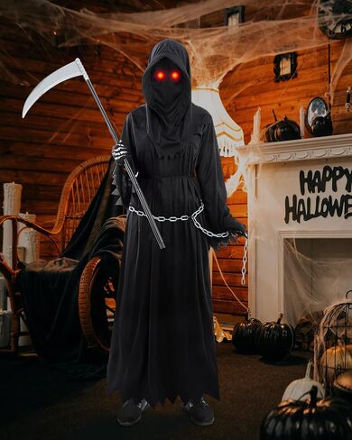 Xtinmee Grim Reaper Costume Scary Halloween Costume for Adult with Glowing Eyes Scythe Skull Gloves Grim Reaper Chain for Halloween Cosplay Gift in Saudi Arabia