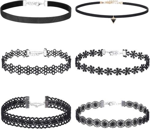 Choker Necklaces for Women, 6PCs Black Trendy Velvet Choker Necklace Set, Classic Gothic Tattoo Lace Choker for Teenagers Ladies, Adjustable Choker Collar Jewelry for Women in Saudi Arabia