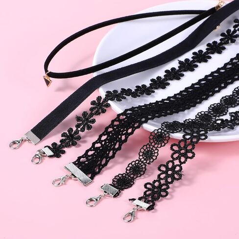 Choker Necklaces for Women, 6PCs Black Trendy Velvet Choker Necklace Set, Classic Gothic Tattoo Lace Choker for Teenagers Ladies, Adjustable Choker Collar Jewelry for Women in Saudi Arabia