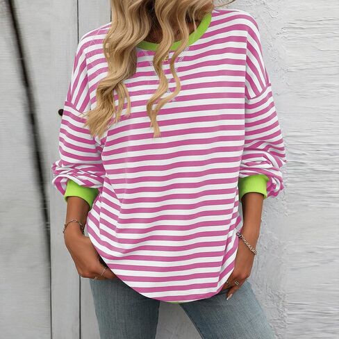 Women's 2025 Fall Striped Oversized Crew Neck Sweatshirt in Saudi Arabia