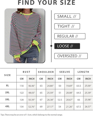 Women's 2025 Fall Striped Oversized Crew Neck Sweatshirt in Saudi Arabia