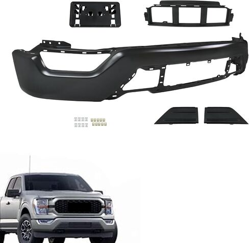 Black Steel and Plastic Front Bumper 5 Pieces with Bumper Grille License Plate Bracket Corner Panel Grille Trim Panel without Park Sensor Hole Replacement for F150 2021-2023 in Saudi Arabia