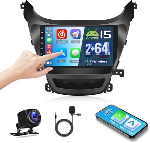 راديو Carplay اللاسلكي لشركة Hyundai Elantra 2014 2015 2016 مع Android Auto، شاشة لمس IPS 9 بوصة ستيريو للسيارة 2+64G راديو Android مع GPS WiFi/SWC/MIC/USB in Saudi Arabia