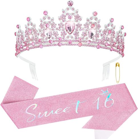 YARIEW Sweet 16 Birthday Decorations, 16th & Sweet Sixteen Sash and Tiara Set, Pink in Kuwait