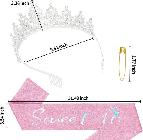 YARIEW Sweet 16 Birthday Decorations, 16th & Sweet Sixteen Sash and Tiara Set, Pink in Kuwait