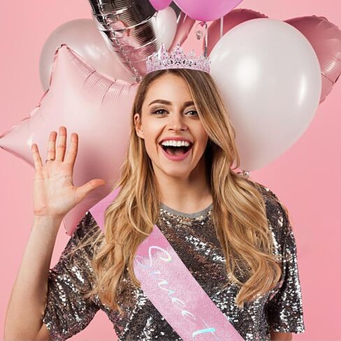 YARIEW Sweet 16 Birthday Decorations, 16th & Sweet Sixteen Sash and Tiara Set, Pink in Kuwait