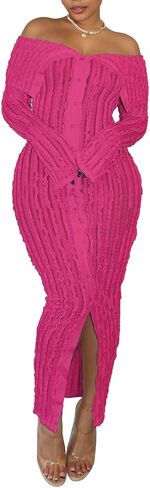 Sexy Off Shoulder Dresses for Women Pleated See Through Long Sleeve Button Down Slit Bodycon Maxi Dress in Saudi Arabia