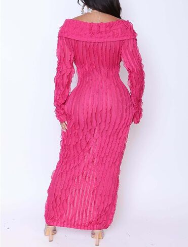 Sexy Off Shoulder Dresses for Women Pleated See Through Long Sleeve Button Down Slit Bodycon Maxi Dress in Saudi Arabia