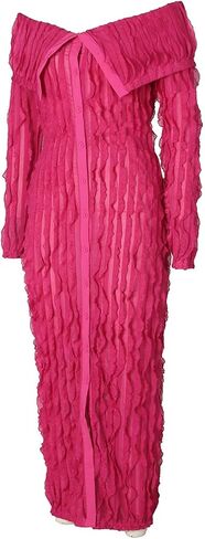Sexy Off Shoulder Dresses for Women Pleated See Through Long Sleeve Button Down Slit Bodycon Maxi Dress in Saudi Arabia