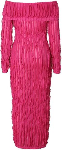 Sexy Off Shoulder Dresses for Women Pleated See Through Long Sleeve Button Down Slit Bodycon Maxi Dress in Saudi Arabia