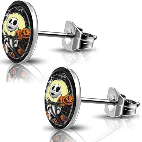 SIISPRI 316L Surgical Stainless Steel Halloween Jack Skellington Round Circle Button Stud Post Earrings 10MM in Saudi Arabia