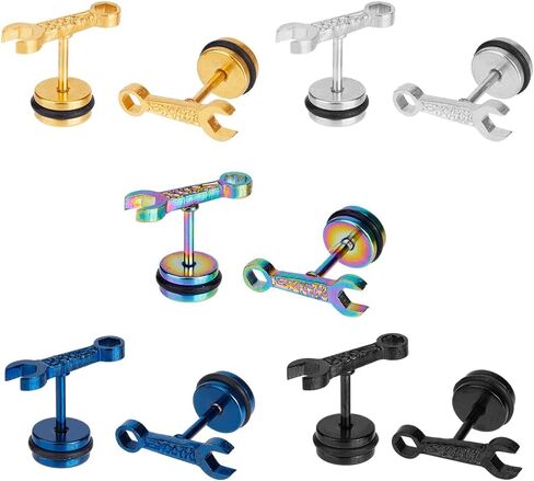UNICRAFTALE 10Pcs Stainless Steel Hip Hop Earrings Mens Wrench Stud Earrings Screw Back Piercing Earrings Titanium Steel Spanner Tool Stud Earrings Birthday Party Graduation Gifts in Saudi Arabia
