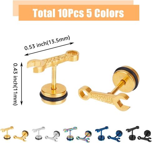 UNICRAFTALE 10Pcs Stainless Steel Hip Hop Earrings Mens Wrench Stud Earrings Screw Back Piercing Earrings Titanium Steel Spanner Tool Stud Earrings Birthday Party Graduation Gifts in Saudi Arabia