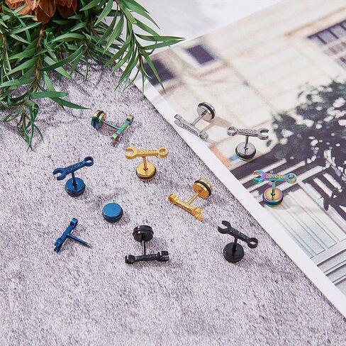 UNICRAFTALE 10Pcs Stainless Steel Hip Hop Earrings Mens Wrench Stud Earrings Screw Back Piercing Earrings Titanium Steel Spanner Tool Stud Earrings Birthday Party Graduation Gifts in Saudi Arabia