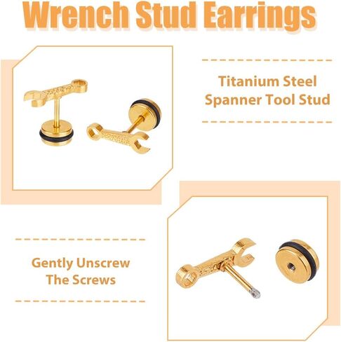 UNICRAFTALE 10Pcs Stainless Steel Hip Hop Earrings Mens Wrench Stud Earrings Screw Back Piercing Earrings Titanium Steel Spanner Tool Stud Earrings Birthday Party Graduation Gifts in Saudi Arabia