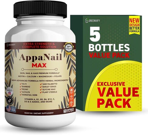 مكمل غذائي للشعر والبشرة والأظافر من AppaNail MAX، 60 كبسولة، مع البيوتين 5000 ميكروجرام، والفيتامينات والمعادن ومركب الأعشاب (2) in Kuwait