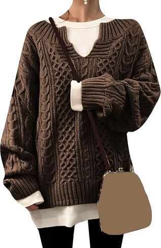 GORIFE Women's Fall Solid Color Chunky Jumper Cable Knited Long Sleeve Sweaters V Neck Pullover Sweater in Kuwait