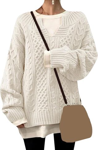 GORIFE Women's Fall Solid Color Chunky Jumper Cable Knited Long Sleeve Sweaters V Neck Pullover Sweater in Kuwait