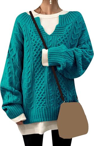 GORIFE Women's Fall Solid Color Chunky Jumper Cable Knited Long Sleeve Sweaters V Neck Pullover Sweater in Kuwait