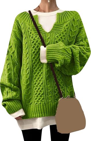 GORIFE Women's Fall Solid Color Chunky Jumper Cable Knited Long Sleeve Sweaters V Neck Pullover Sweater in Kuwait