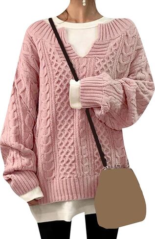 GORIFE Women's Fall Solid Color Chunky Jumper Cable Knited Long Sleeve Sweaters V Neck Pullover Sweater in Kuwait