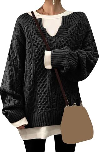 GORIFE Women's Fall Solid Color Chunky Jumper Cable Knited Long Sleeve Sweaters V Neck Pullover Sweater in Kuwait