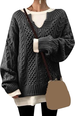 GORIFE Women's Fall Solid Color Chunky Jumper Cable Knited Long Sleeve Sweaters V Neck Pullover Sweater in Kuwait