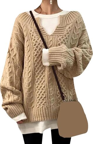 GORIFE Women's Fall Solid Color Chunky Jumper Cable Knited Long Sleeve Sweaters V Neck Pullover Sweater in Kuwait