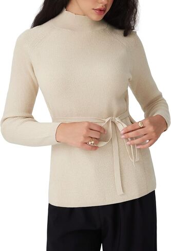 CIDER Women's Mock Neck Sweater with Tie Waist Elegant Long Sleeve Casual Knit Top in Saudi Arabia