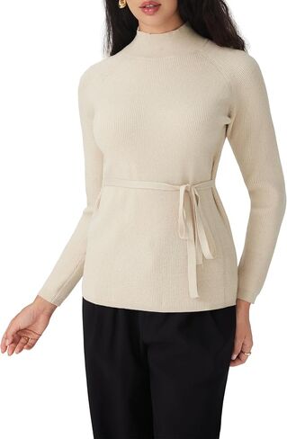 CIDER Women's Mock Neck Sweater with Tie Waist Elegant Long Sleeve Casual Knit Top in Saudi Arabia