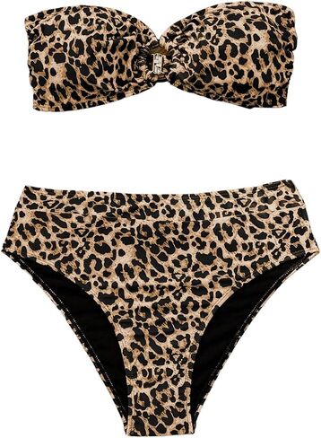 GORGLITTER Women's Cheetah Leopard Print Bikini Set Strapless Bandeau High Waisted Swimsuit in Saudi Arabia