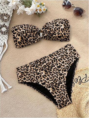 GORGLITTER Women's Cheetah Leopard Print Bikini Set Strapless Bandeau High Waisted Swimsuit in Saudi Arabia